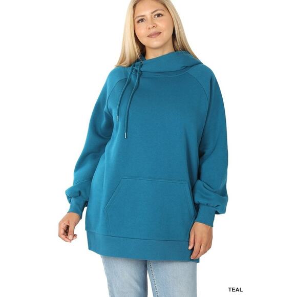 Zenana Teal Side Tie Hoodie 1X longline sweatshirt pullover asymmetrical - Picture 2 of 11